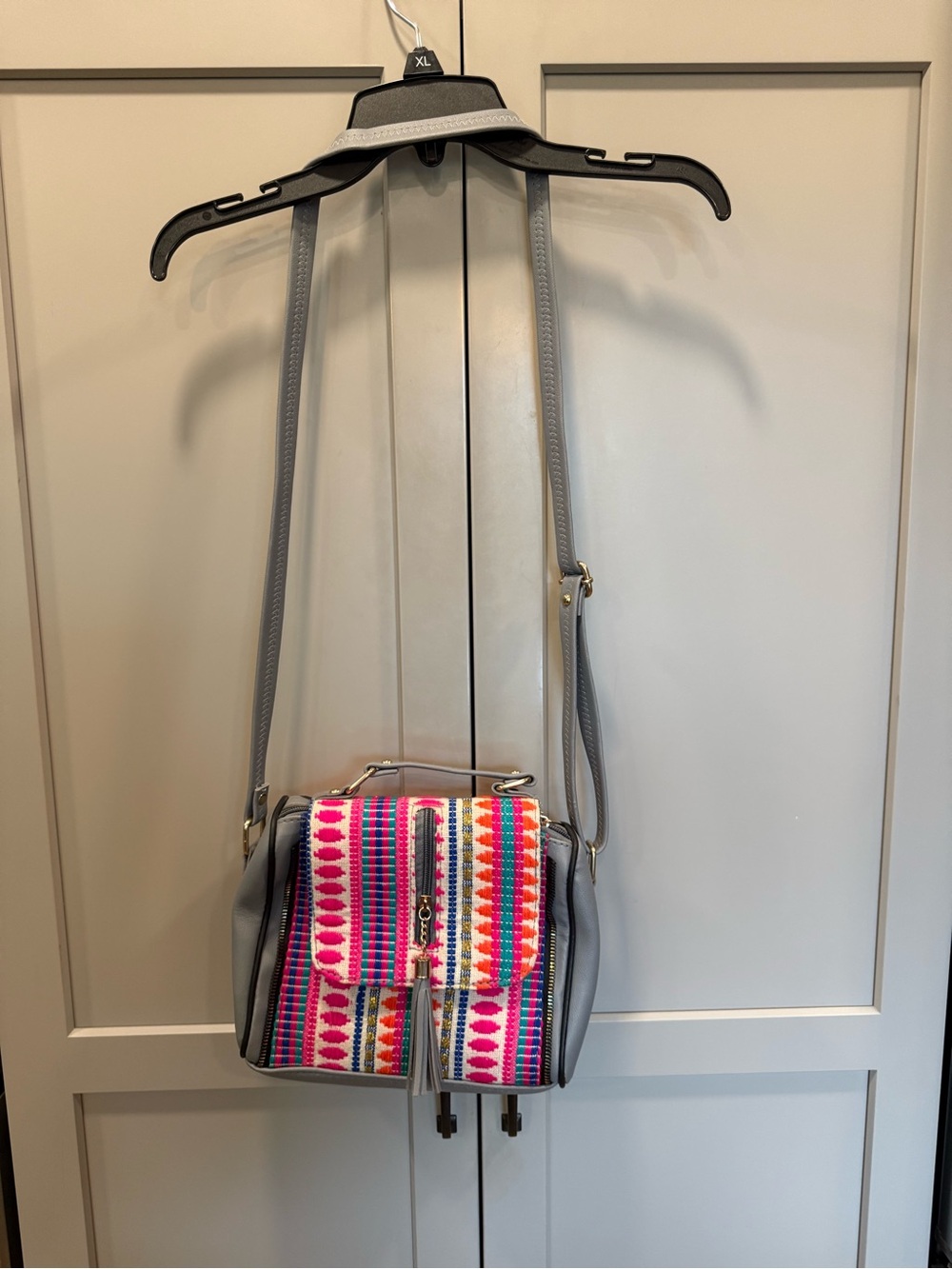 Gray Crossbody Bag with Multicolor Woven Front Panel